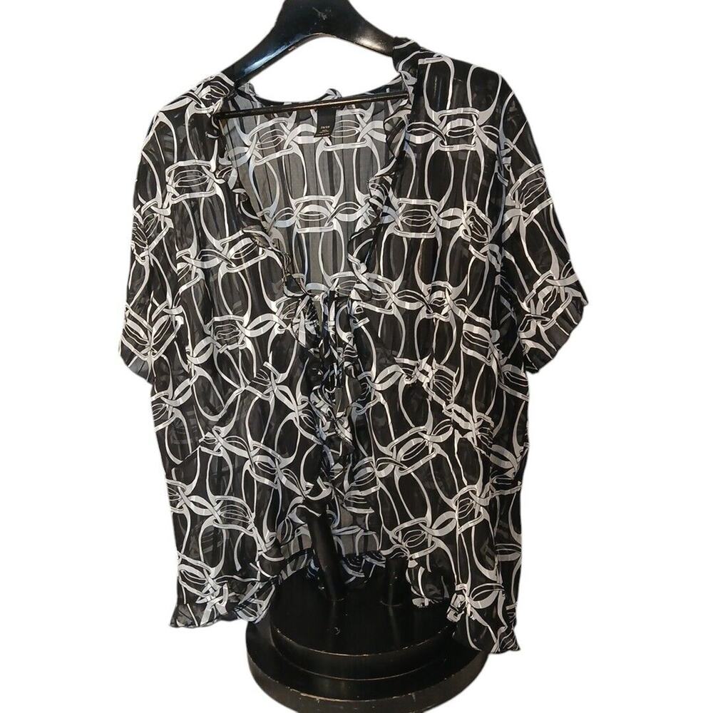 Lane Bryant‎ 26/28 Black White Sheer Ruffled Swimsuit Coverup Geometric Design